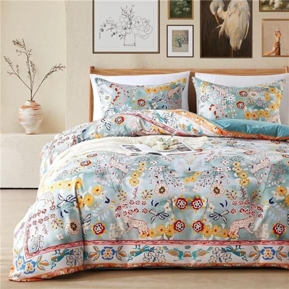 NEW Anthro Blue Jungle Multicolor Boho Queen / King Bedding Duvet & Sham Case - Picture 1 of 14